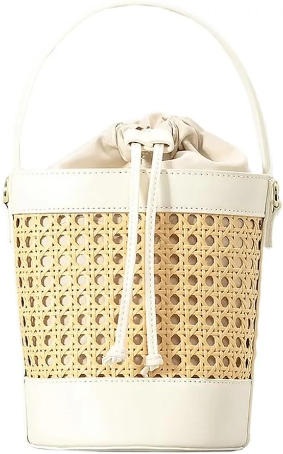 Woven Rattan Bag for Women Perforated PU Leather Bucket Bag Summer Top-handle Drawstring Handbag Purses