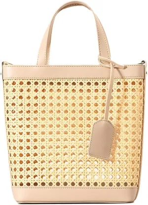 Woven Rattan Bag for Women Perforated PU Leather Bucket Bag Summer Top-handle Drawstring Handbag Purses