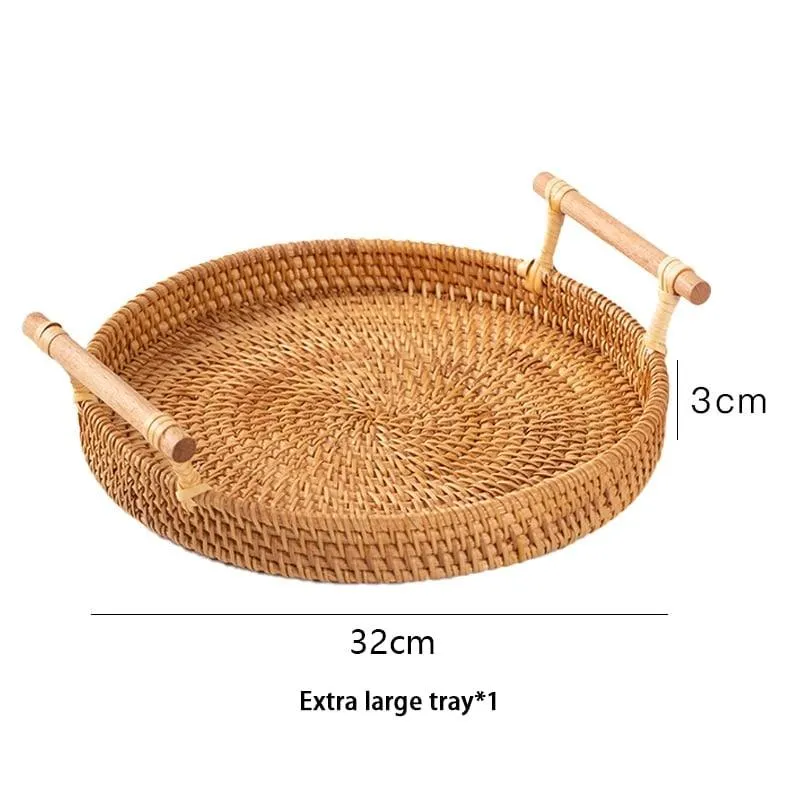 Woven Rattan Tray with Wooden Handles