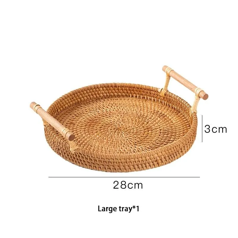 Woven Rattan Tray with Wooden Handles