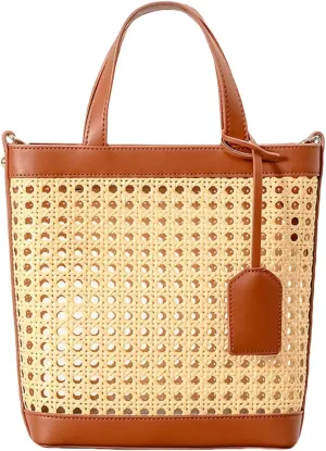 Woven Straw Beach Bag for Women, Summer Bucket Bag Top-handle Tote Handbag Drawstring Rattan Purses