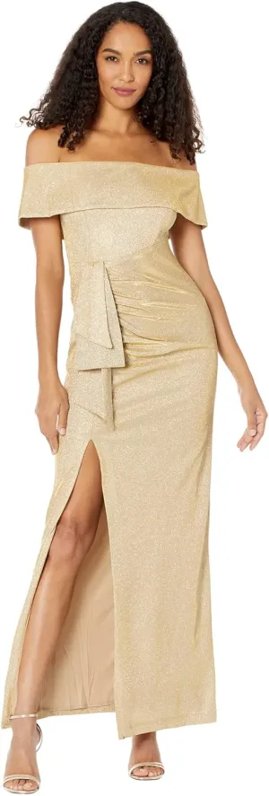 Xscape Off-The-Shoulder Long Glitter Metallic Dress with Ruffle