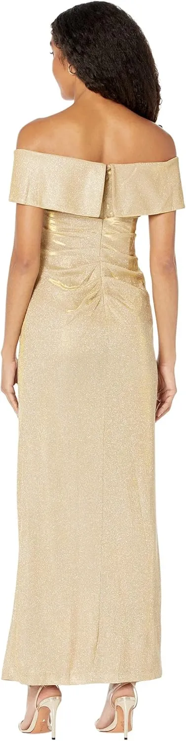 Xscape Off-The-Shoulder Long Glitter Metallic Dress with Ruffle