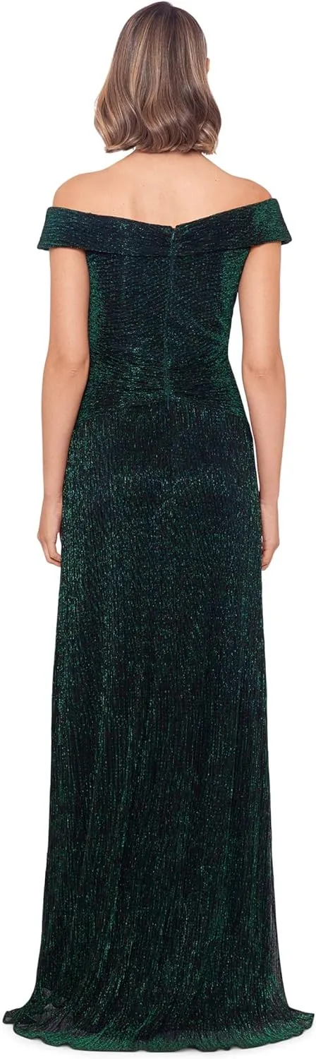 Xscape Off-The-Shoulder Pleated Metallic Gown
