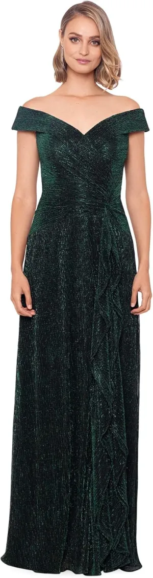 Xscape Off-The-Shoulder Pleated Metallic Gown