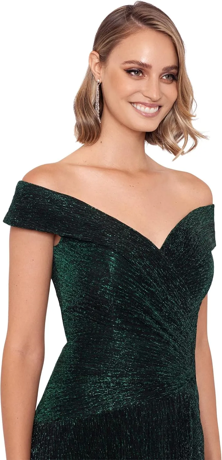 Xscape Off-The-Shoulder Pleated Metallic Gown