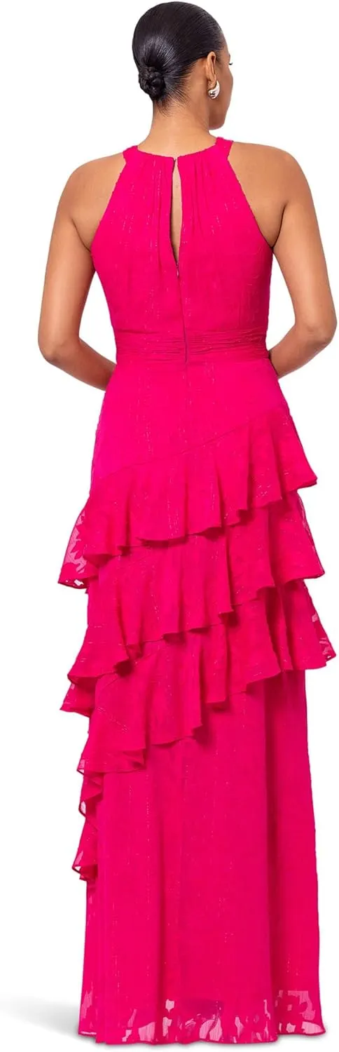 Xscape Women's Long Metallic Chifon Tiered Ruffle