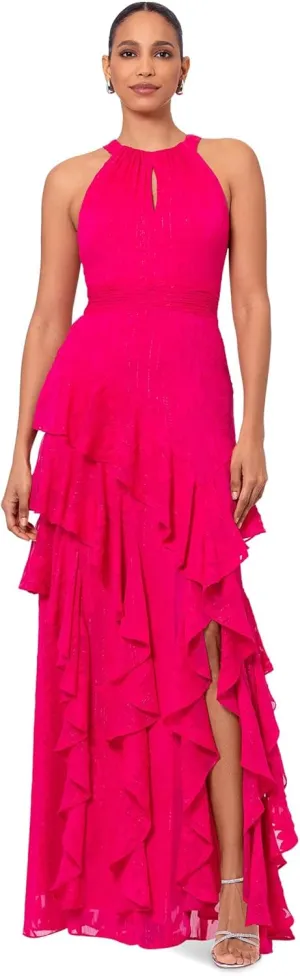 Xscape Women's Long Metallic Chifon Tiered Ruffle