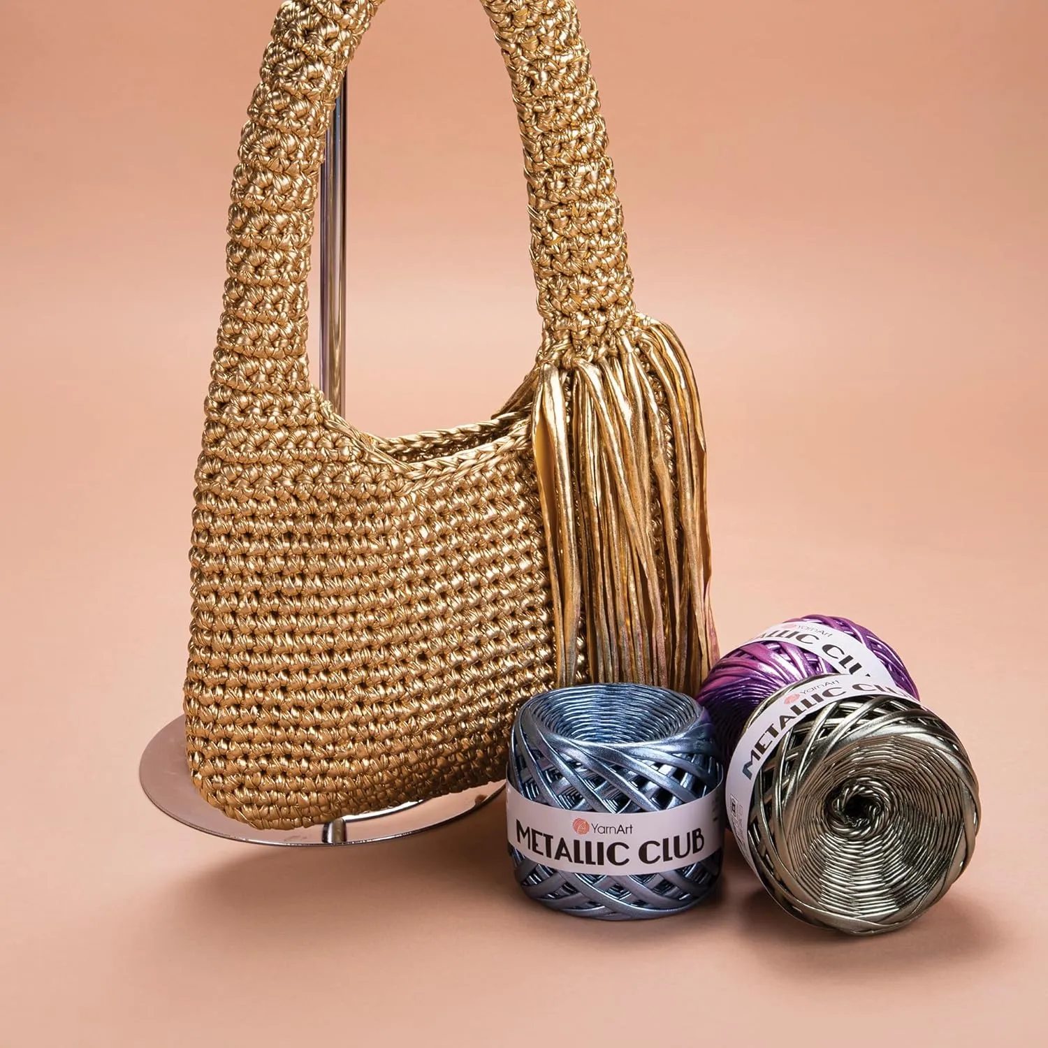 YarnArt Metallic Club Super Bulky T-Shirt Yarn 100% Polyester, 6.35 oz / 180 gr, 60 yrds / 55 Meters, Shiny Colors, Handbag, Rug, Crochet Bag Yarn (8110)