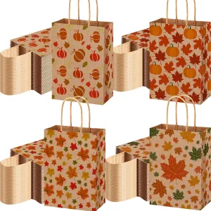 Yeaqee 100 Pcs Fall Treat Bags Bulk Thanksgiving Kraft Paper Gift Goodie Bags with Handle Maple Leaves Party Favor for Autumn Thanksgiving Presents Wrap Supplies Decor