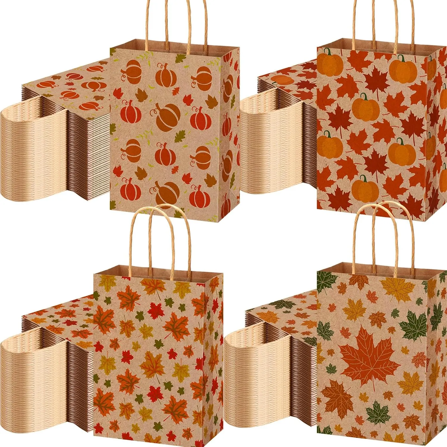 Yeaqee 100 Pcs Fall Treat Bags Bulk Thanksgiving Kraft Paper Gift Goodie Bags with Handle Maple Leaves Party Favor for Autumn Thanksgiving Presents Wrap Supplies Decor