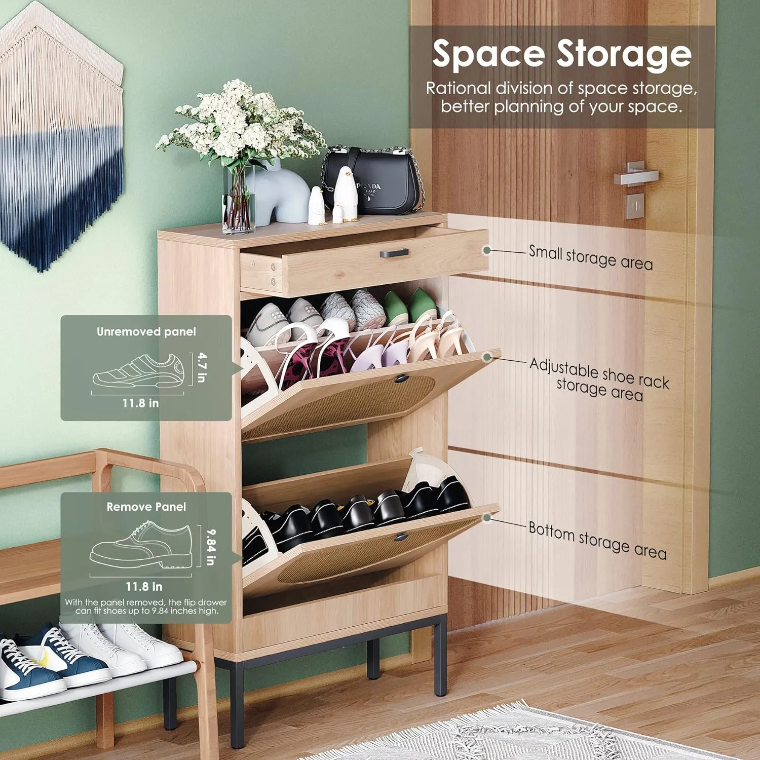 Yechen Shoe Rack Storage Organizer with 2 Natural Semi-Circular Rattan Doors, Entryway Wooden Shoe Cabinet for Sneakers, Leather Shoes, High Heels, Slippers (1 Piece, Oak)