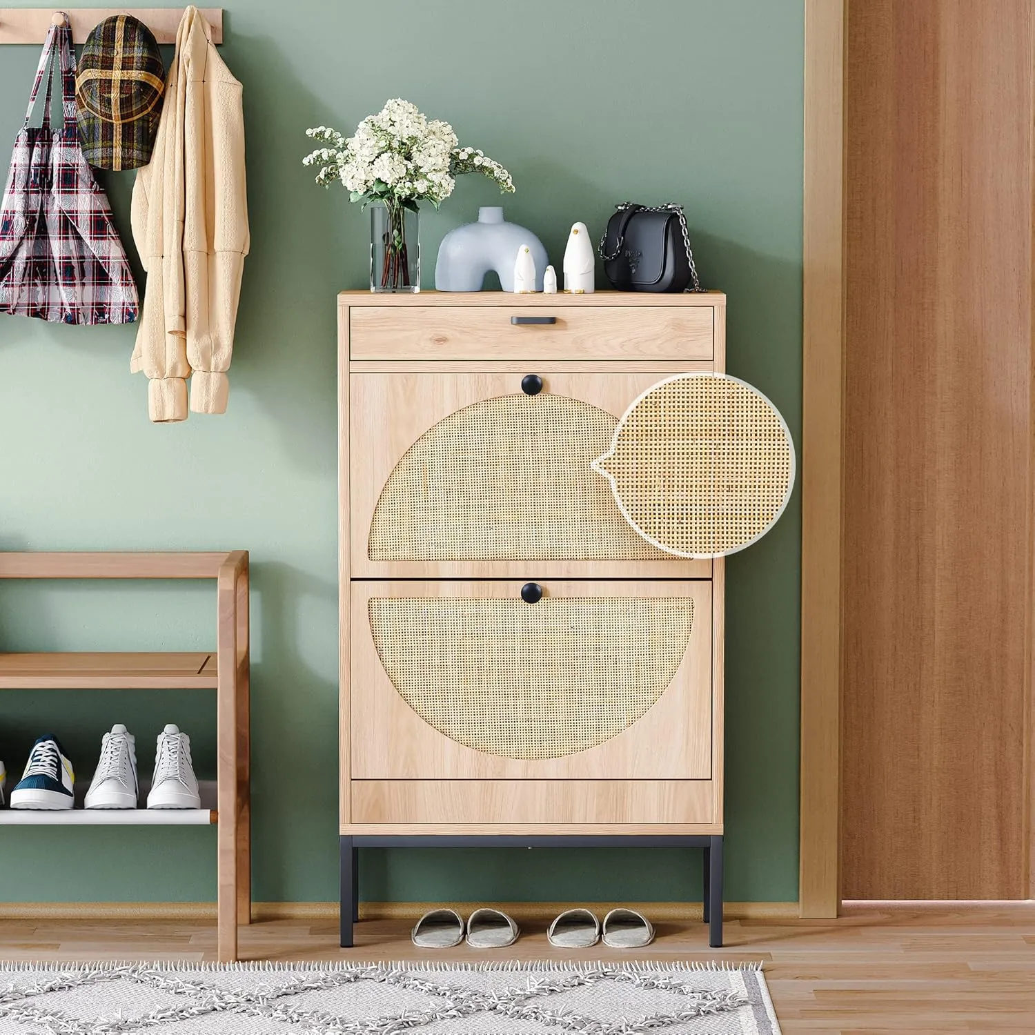 Yechen Shoe Rack Storage Organizer with 2 Natural Semi-Circular Rattan Doors, Entryway Wooden Shoe Cabinet for Sneakers, Leather Shoes, High Heels, Slippers (1 Piece, Oak)