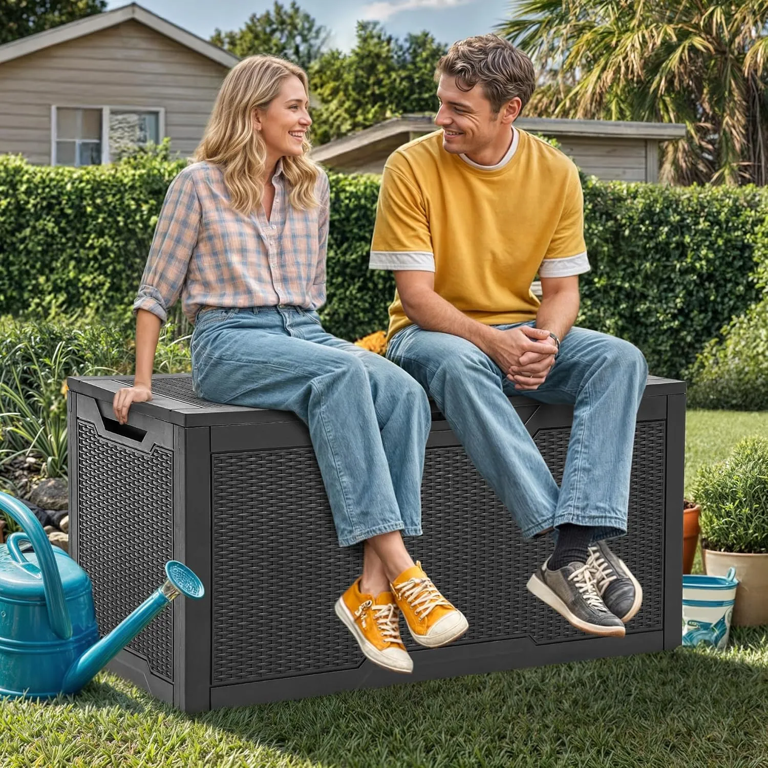 YITAHOME 100 Gallon Resin Deck Box, Weather Resistant Outdoor Storage Box, Lockable Indoor Outdoor Storage for Supplies and Essentials, Black