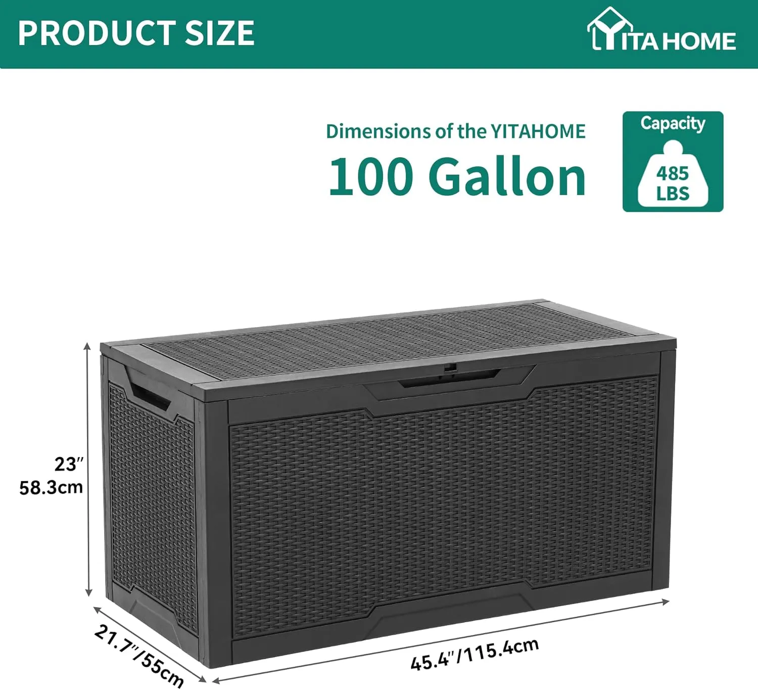 YITAHOME 100 Gallon Resin Deck Box, Weather Resistant Outdoor Storage Box, Lockable Indoor Outdoor Storage for Supplies and Essentials, Black