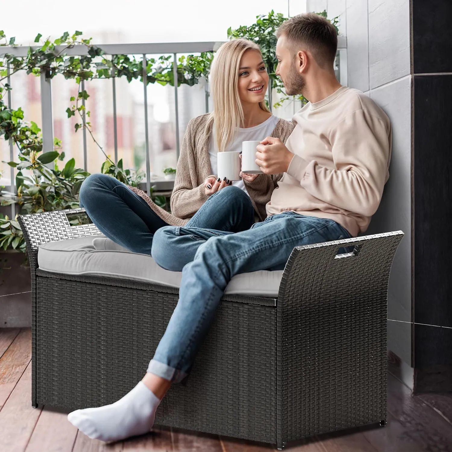 YITAHOME 90 Gallon Outdoor Wicker Storage Bench w/Cushion, Large PE Rattan Deck Storage Box w/Handles & Hydraulics for Patio Furniture, Cushions, Garden Tools, Pool & Sports Equipment, Black&Grey