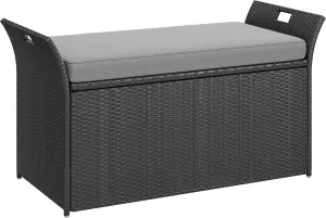 YITAHOME 90 Gallon Outdoor Wicker Storage Bench w/Cushion, Large PE Rattan Deck Storage Box w/Handles & Hydraulics for Patio Furniture, Cushions, Garden Tools, Pool & Sports Equipment, Black&Grey