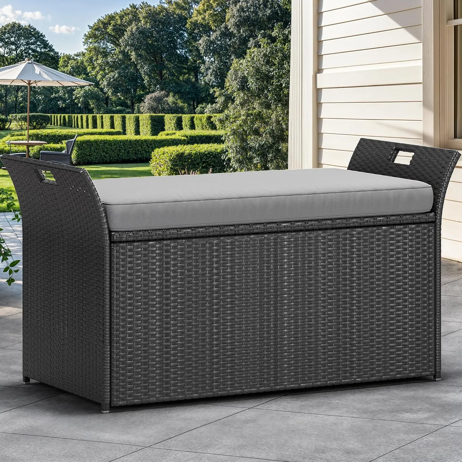 YITAHOME 90 Gallon Outdoor Wicker Storage Bench w/Cushion, Large PE Rattan Deck Storage Box w/Handles & Hydraulics for Patio Furniture, Cushions, Garden Tools, Pool & Sports Equipment, Black&Grey
