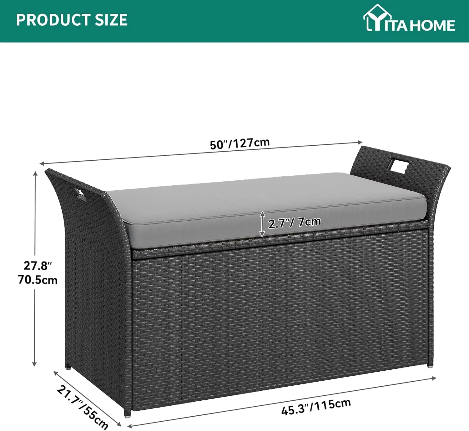 YITAHOME 90 Gallon Outdoor Wicker Storage Bench w/Cushion, Large PE Rattan Deck Storage Box w/Handles & Hydraulics for Patio Furniture, Cushions, Garden Tools, Pool & Sports Equipment, Black&Grey