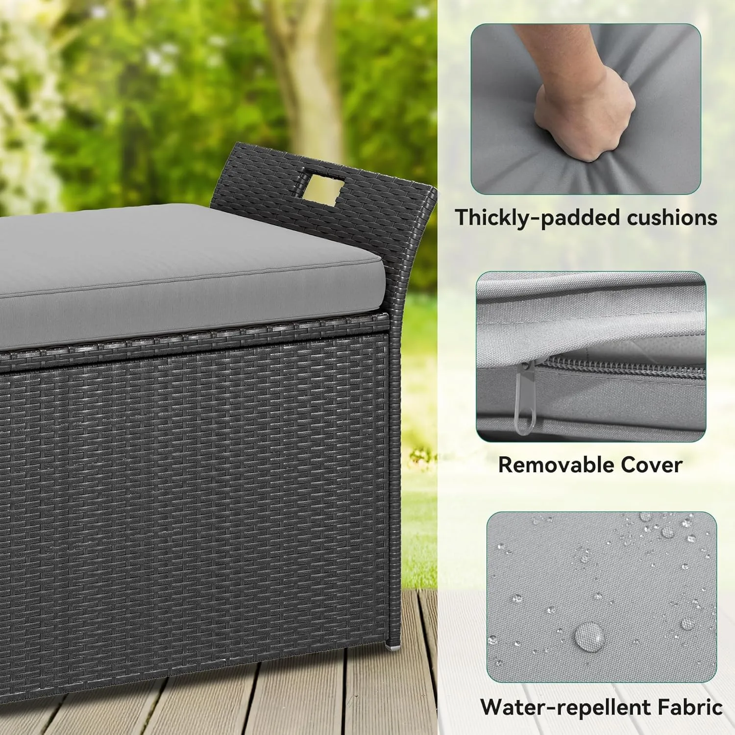 YITAHOME 90 Gallon Outdoor Wicker Storage Bench w/Cushion, Large PE Rattan Deck Storage Box w/Handles & Hydraulics for Patio Furniture, Cushions, Garden Tools, Pool & Sports Equipment, Black&Grey