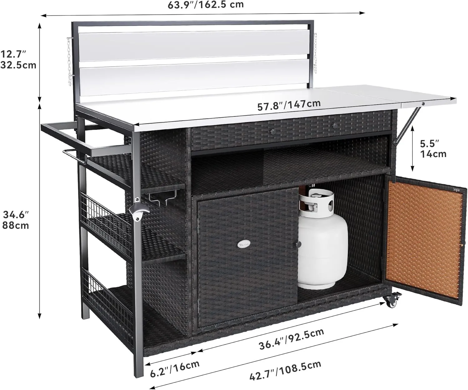 YITAHOME XL Outdoor Kitchen Island, Outdoor Bar Table & Storage Cabinet, Wheels and Stainless Steel Extended Table Top, Side Handle for Patio Kitchen or Bar Cart, Dark Brown