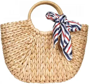 YYW Straw Bags for Women,Hand-woven Straw Large Rattan Bag Round Handle Ring Tote Retro Summer Beach Rattan bag (brown with pink)