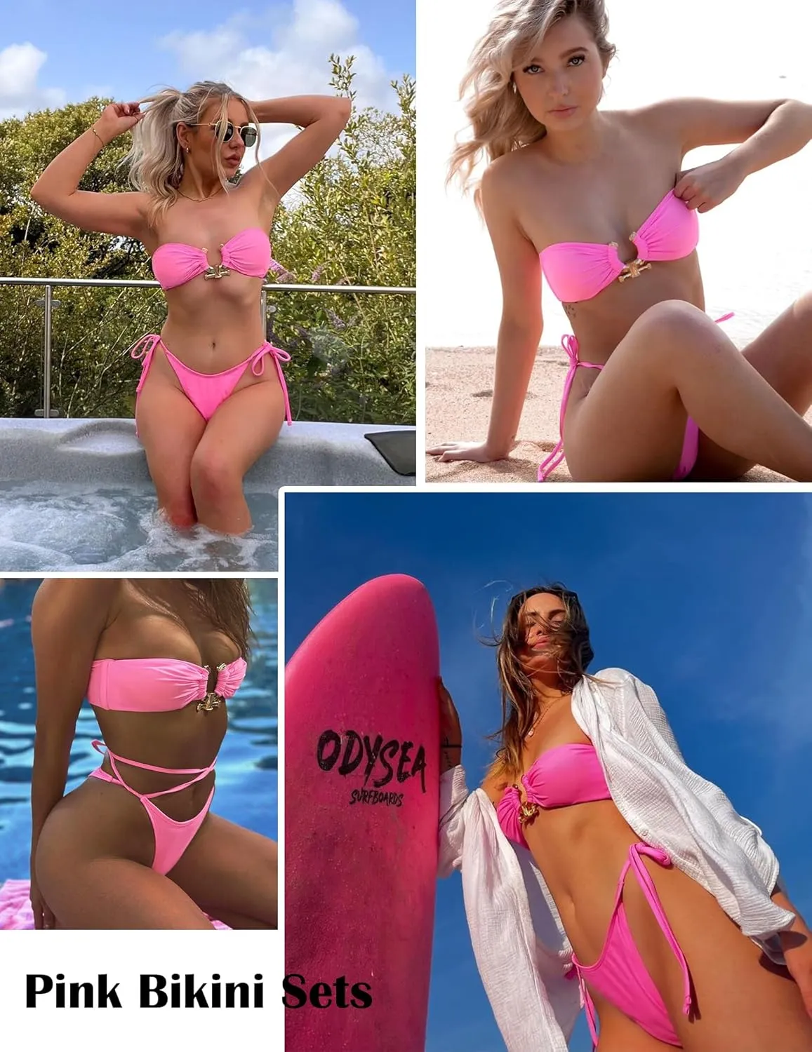 ZAFUL Metal Ring Bandeau Bikini Set Tie Side Bathing Suit High Cut 2 Piece Swimsuit Cutout Swimwear