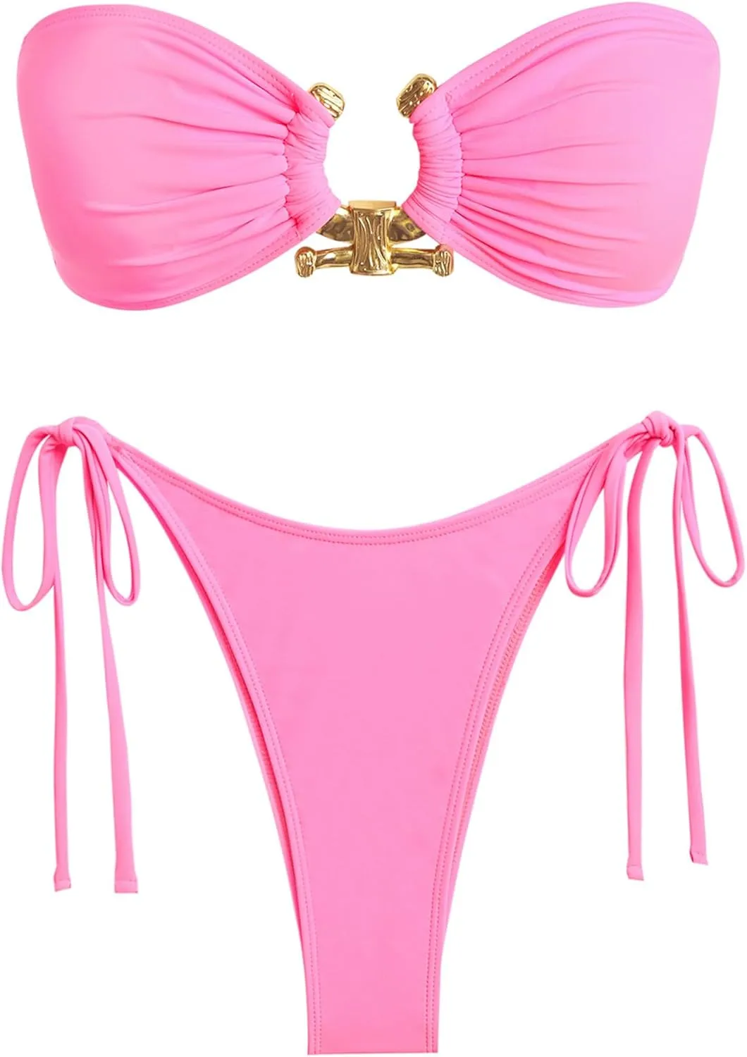 ZAFUL Metal Ring Bandeau Bikini Set Tie Side Bathing Suit High Cut 2 Piece Swimsuit Cutout Swimwear