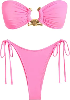 ZAFUL Metal Ring Bandeau Bikini Set Tie Side Bathing Suit High Cut 2 Piece Swimsuit Cutout Swimwear