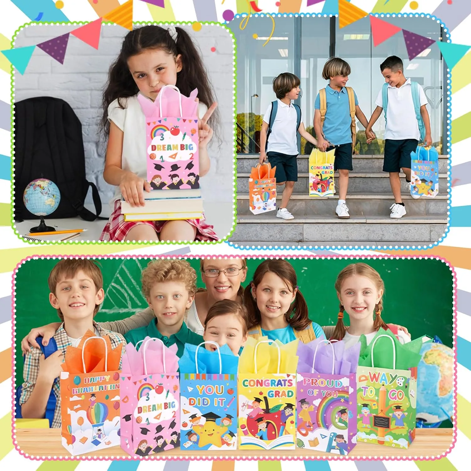 ZeffuLyne 30 Pcs Kindergarten Graduation Party Favor Bags, Preschool Graduation Gift Bags with Tissue Paper, 6 Styles Prek Grad Bag Bulk for Kindergarten Preschool