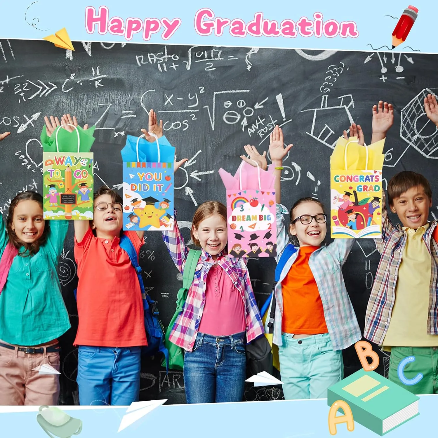 ZeffuLyne 30 Pcs Kindergarten Graduation Party Favor Bags, Preschool Graduation Gift Bags with Tissue Paper, 6 Styles Prek Grad Bag Bulk for Kindergarten Preschool