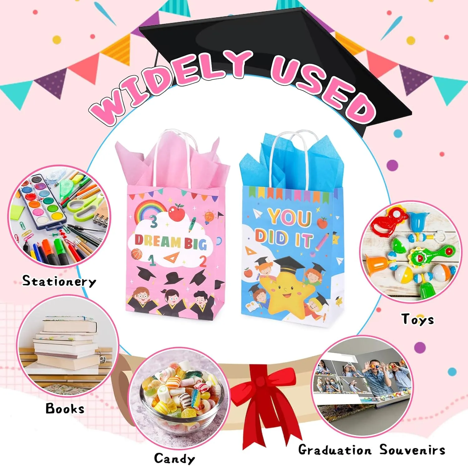 ZeffuLyne 30 Pcs Kindergarten Graduation Party Favor Bags, Preschool Graduation Gift Bags with Tissue Paper, 6 Styles Prek Grad Bag Bulk for Kindergarten Preschool