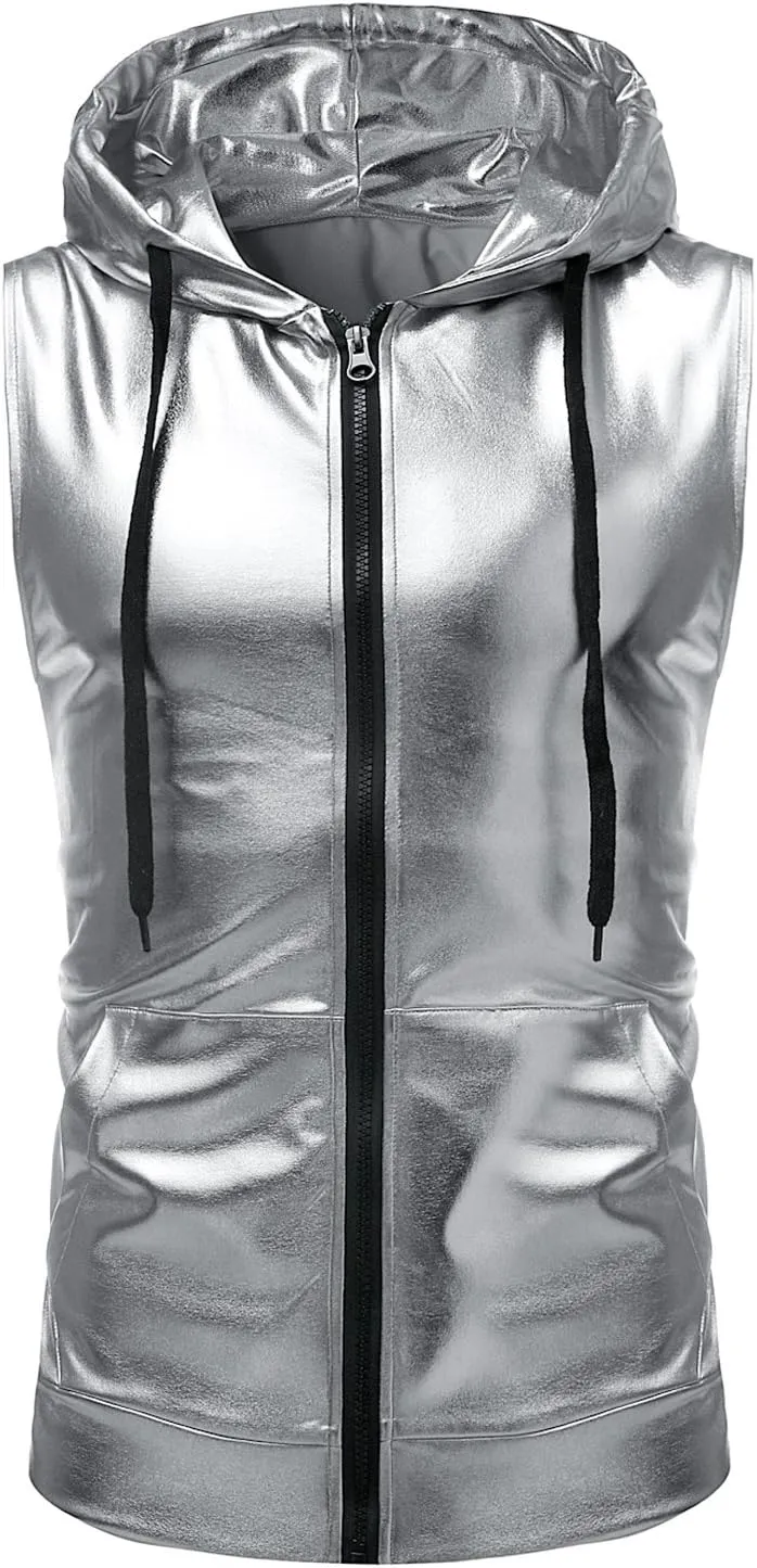 ZEROYAA Mens Shiny Metallic Zip Up Sleeveless Hooded Vest T Shirt with Kangaroo Pocket
