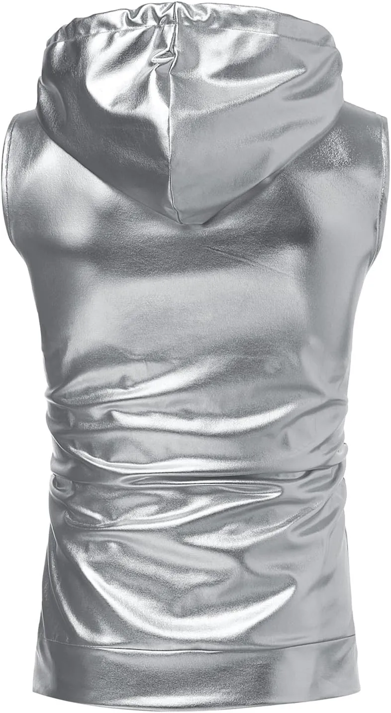 ZEROYAA Mens Shiny Metallic Zip Up Sleeveless Hooded Vest T Shirt with Kangaroo Pocket