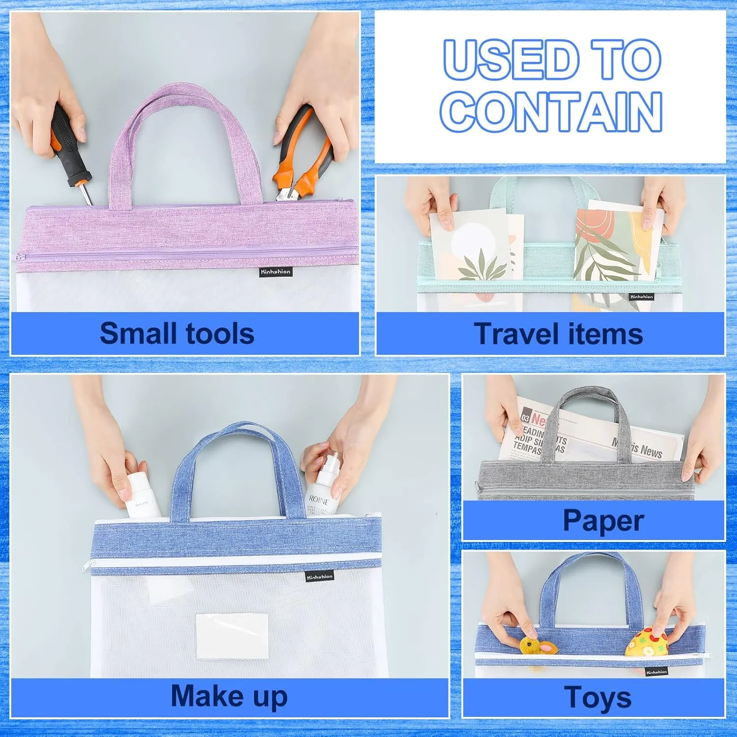 Zhehao 6 Pcs Student Book Pouches with Handle Mesh Zipper Pouch Take Home Mesh Document Bag Transparent File Tote Bag for A4 Files Books, 14 x 11 Inch