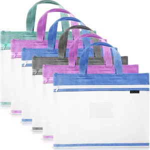 Zhehao 6 Pcs Student Book Pouches with Handle Mesh Zipper Pouch Take Home Mesh Document Bag Transparent File Tote Bag for A4 Files Books, 14 x 11 Inch