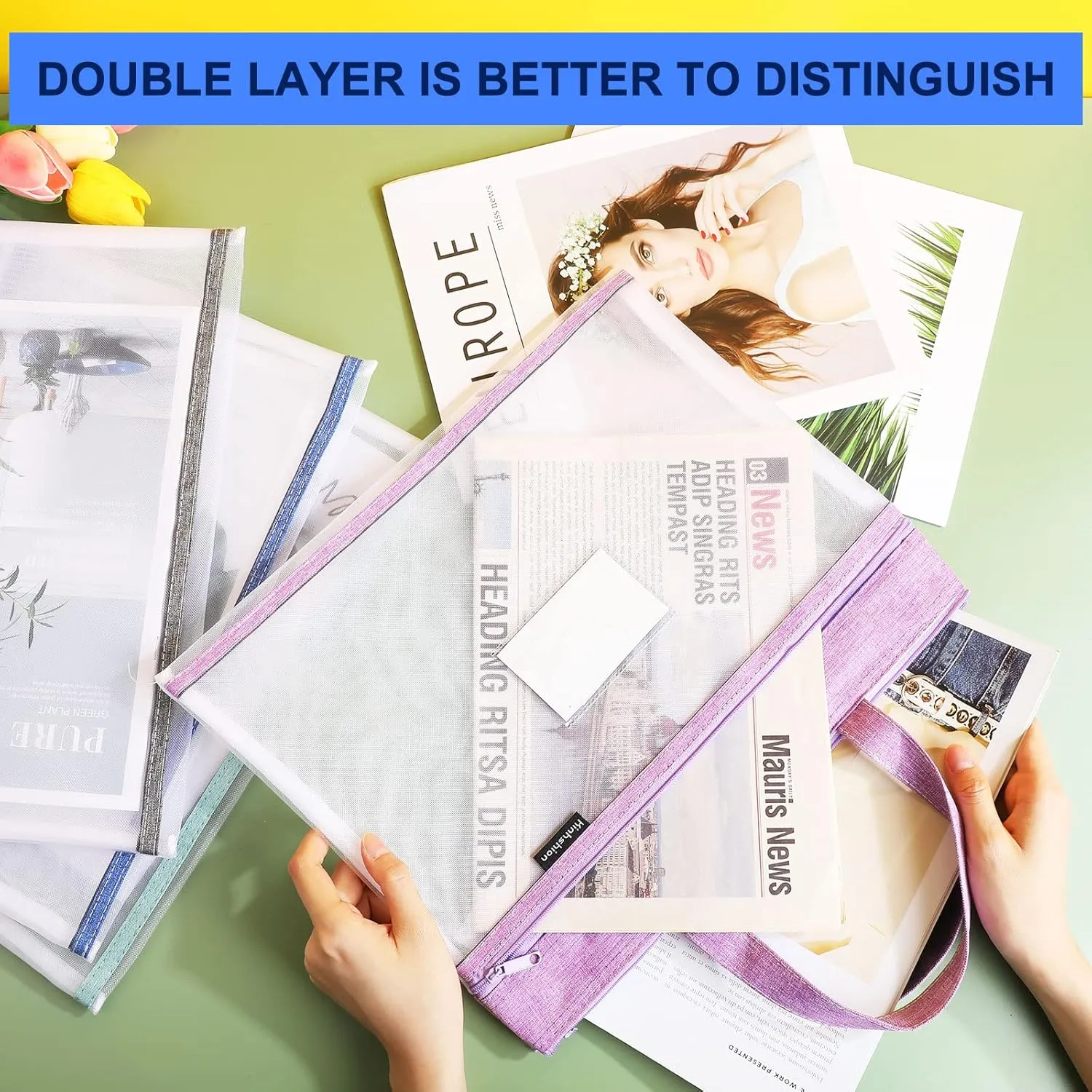 Zhehao 6 Pcs Student Book Pouches with Handle Mesh Zipper Pouch Take Home Mesh Document Bag Transparent File Tote Bag for A4 Files Books, 14 x 11 Inch
