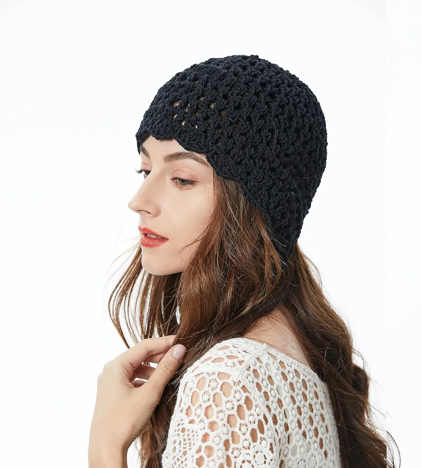 ZLYC Women Cotton Crochet Knit Beanie Hat Handmade Summer Floral Skull Cap