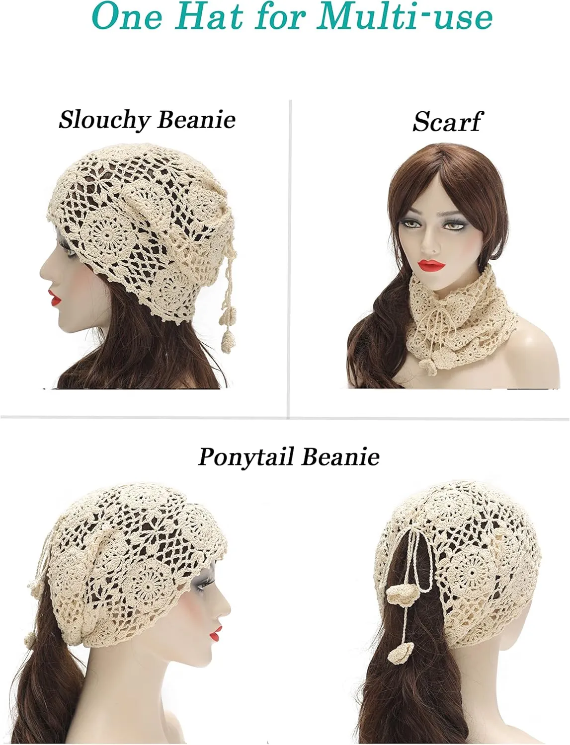 ZLYC Women Cotton Crochet Slouchy Beanie Hat Handmade Knit Summer Skull Cap