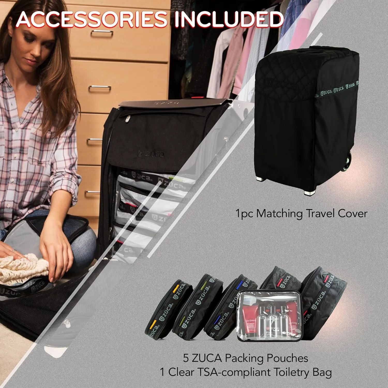 ZUCA Pro Carry On Luggage with Wheels - Black Bag and Silver Frame, with 5 Packing Pouches, Travel Cover, and Built-In Seat